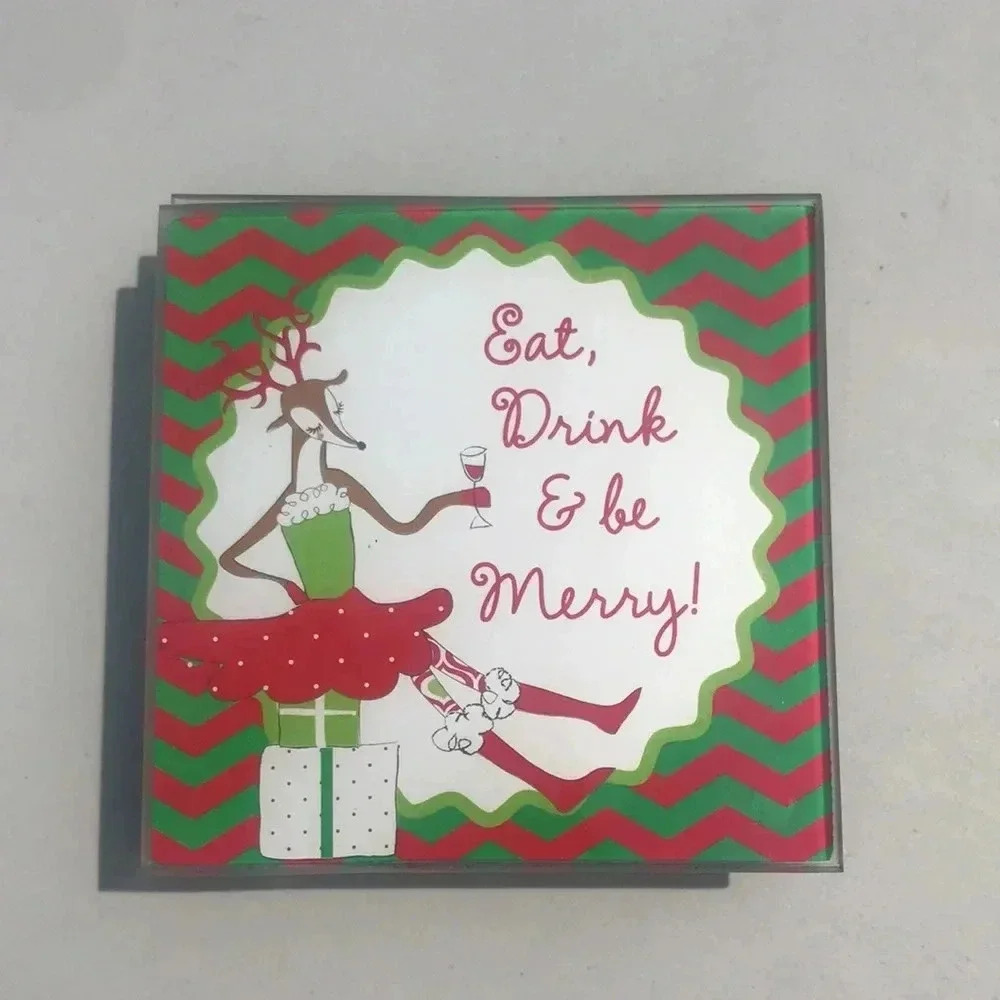 Christmas coasters 🎄Set of 4 Eat Drink & Be Merry‎ red green whimsical deer